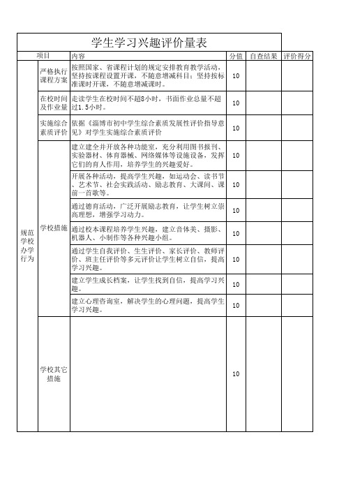 学生学习兴趣评价量表