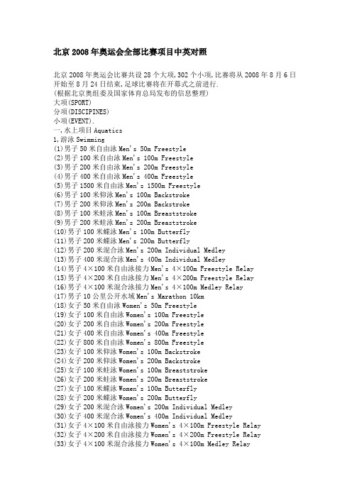 北京2008年奥运会全部比赛项目中英对照