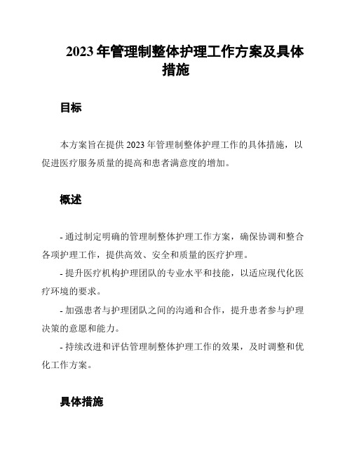 2023年管理制整体护理工作方案及具体措施