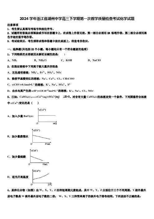 2024学年浙江省湖州中学高三下学期第一次教学质量检查考试化学试题含解析