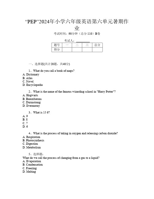 “PEP”2024年小学六年级L卷英语第六单元暑期作业