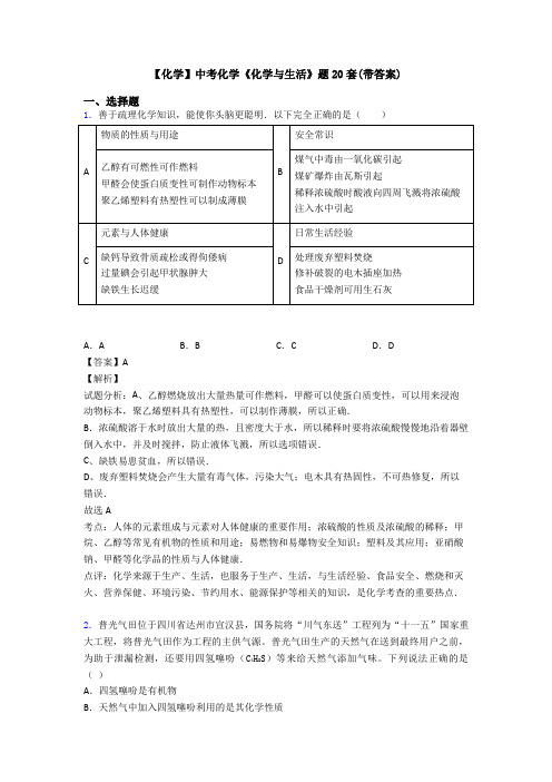 【化学】中考化学《化学与生活》题20套(带答案)