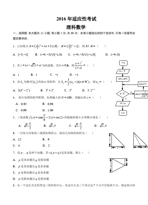 广东省2016届高三下学期3月适应性考试理科数学试题(Word版,含答案)