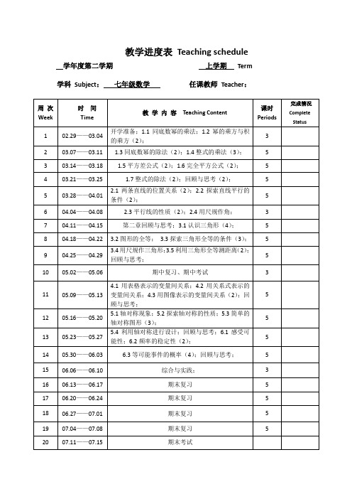 七年级下数学教学进度表