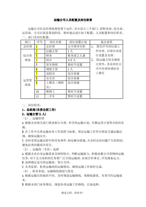 运输型物流公司的人员配置及岗位职责