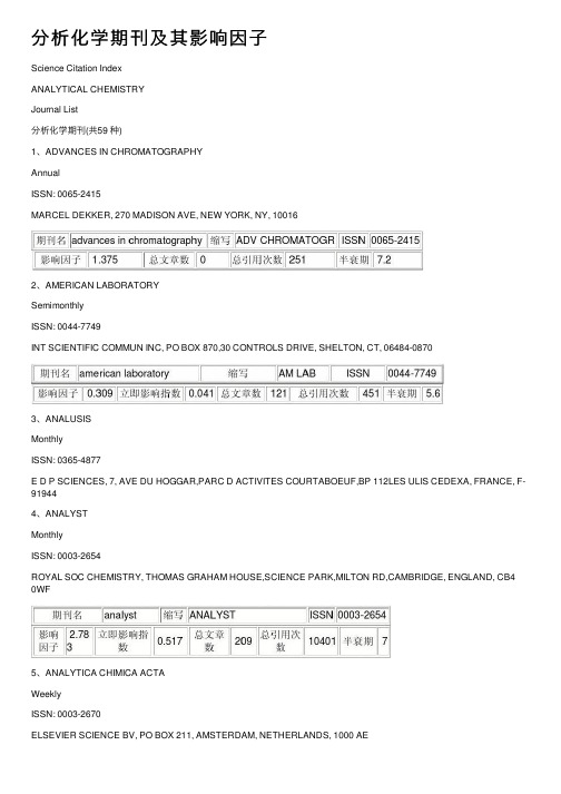 分析化学期刊及其影响因子