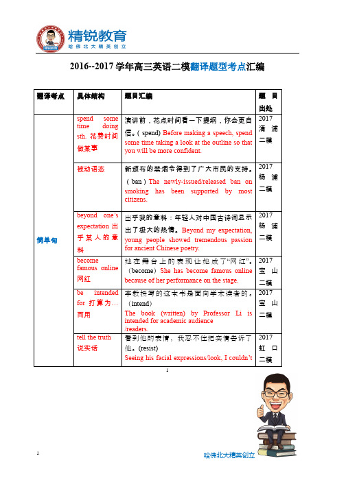 【金桥中心】 2016-2017学年高三英语二模翻译汇编-按语法点