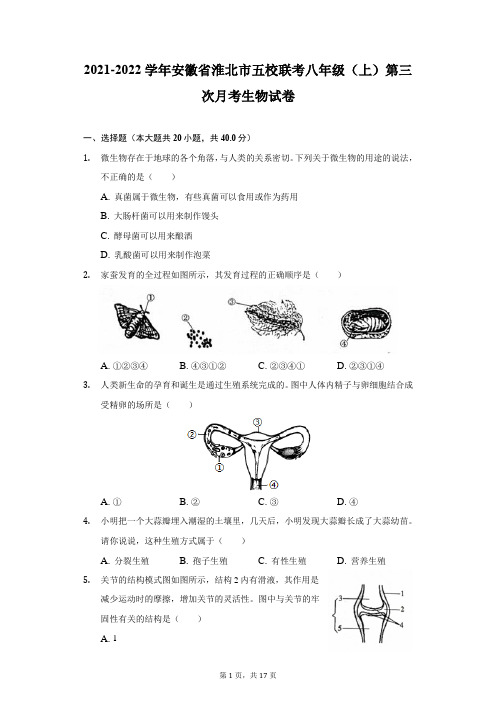 2021-2022学年安徽省淮北市五校联考八年级(上)第三次月考生物试卷(附详解)