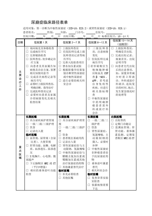 尿崩症临床路径表单