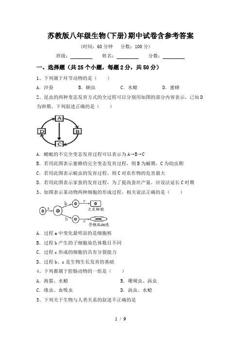 苏教版八年级生物(下册)期中试卷含参考答案