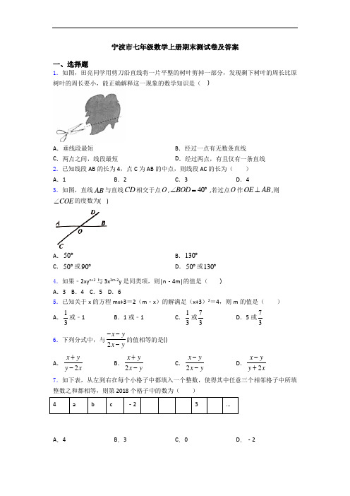 宁波市七年级数学上册期末测试卷及答案