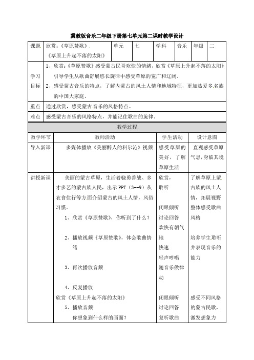 冀教版音乐二年级下册第7单元第二课时《草原上升起不落的太阳》《草原赞歌》教学设计