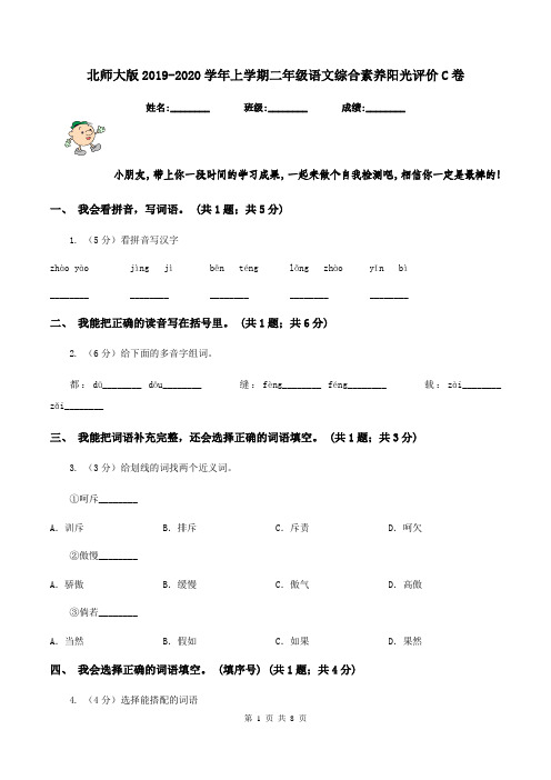 北师大版2019-2020学年上学期二年级语文综合素养阳光评价C卷