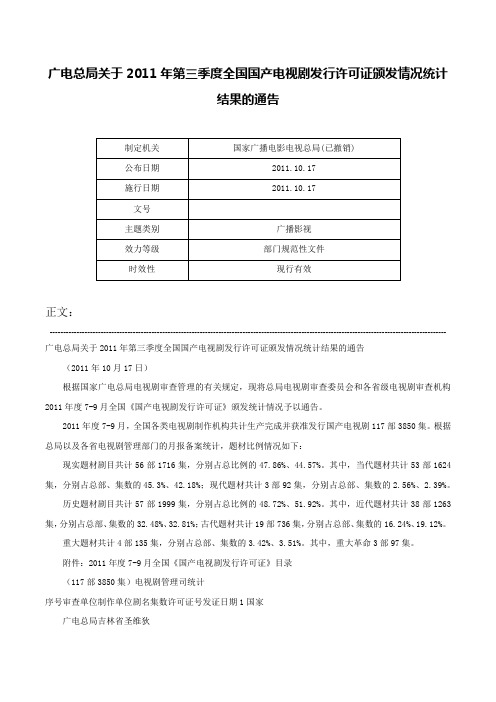 广电总局关于2011年第三季度全国国产电视剧发行许可证颁发情况统计结果的通告-