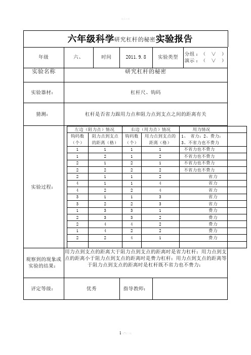 六年级科学研究杠杆的秘密实验报告