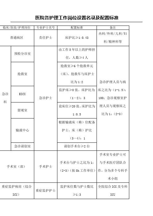 护理工作岗位设置名录及配置标准