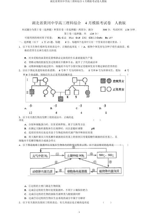 湖北省黄冈中学高三理科综合4月模拟考试卷人教版