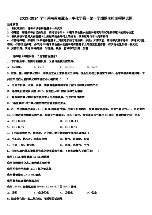 2023-2024学年湖南省湘潭市一中化学高一第一学期期末检测模拟试题含解析