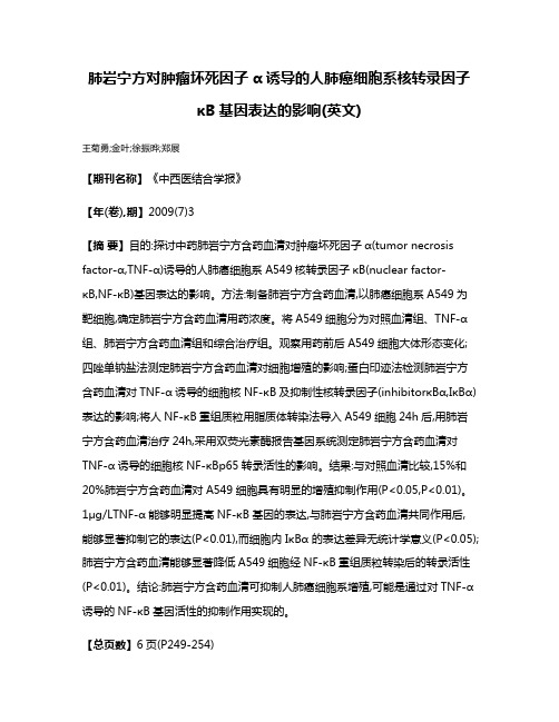 肺岩宁方对肿瘤坏死因子α诱导的人肺癌细胞系核转录因子κB基因表达的影响(英文)