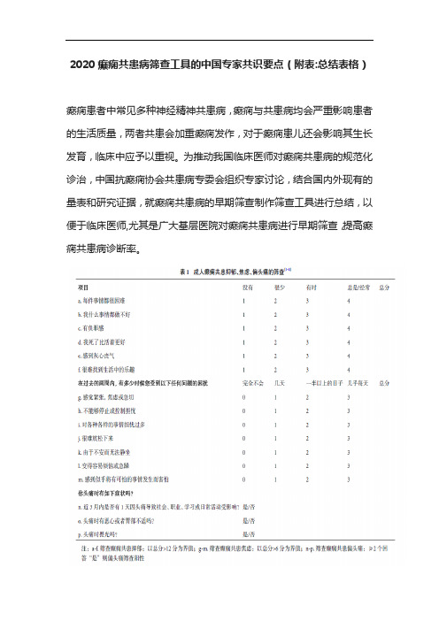 2020癫痫共患病筛查工具的中国专家共识要点(附表总结表格)