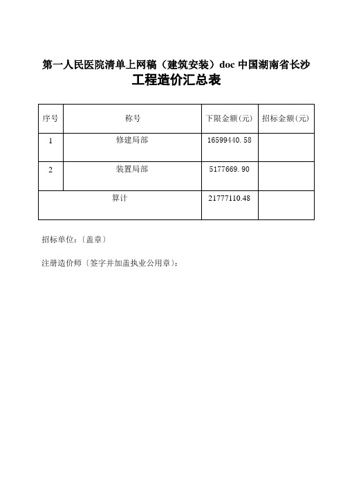 第一人民医院清单上网稿(建筑安装)doc中国湖南省长沙