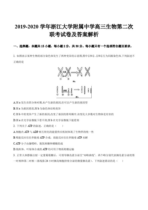 2019-2020学年浙江大学附属中学高三生物第二次联考试卷及答案解析