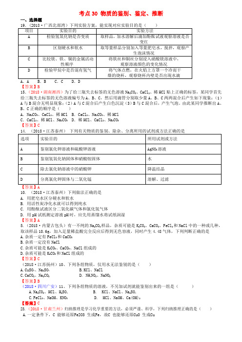 2018年中考化学真题分类汇编：考点30-物质的鉴别、鉴定、推断(有答案)