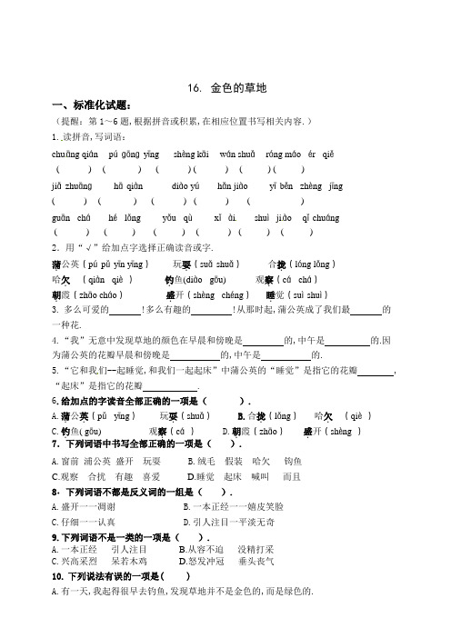 部编版三年级语文上册16《金色的草地》练习题(附答案)