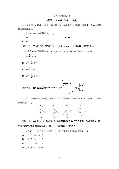 2020学年苏教版数学必修二新素养同步练习：2.平面解析几何初步 章末综合检测(二)