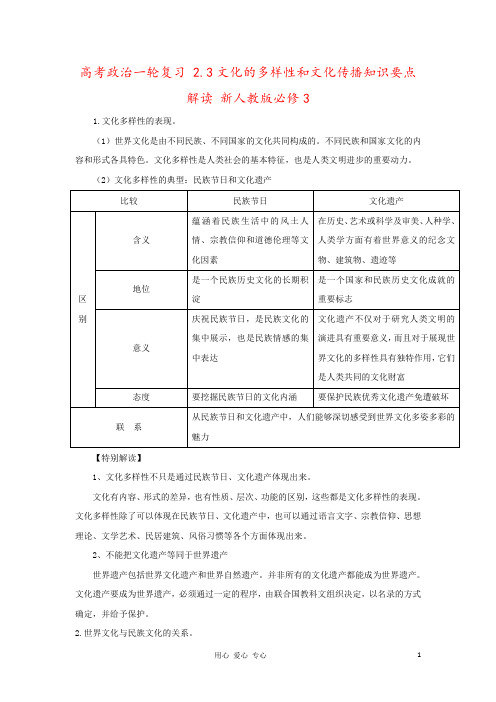 高考政治一轮复习 2.3文化的多样性和文化传播知识要点解读 新人教版必修3