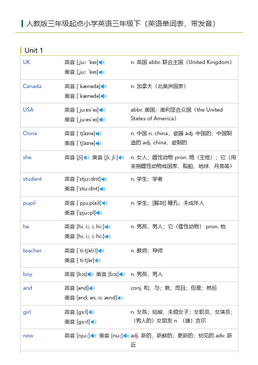 人教版三年级起点小学英语三年级下(英语单词表)