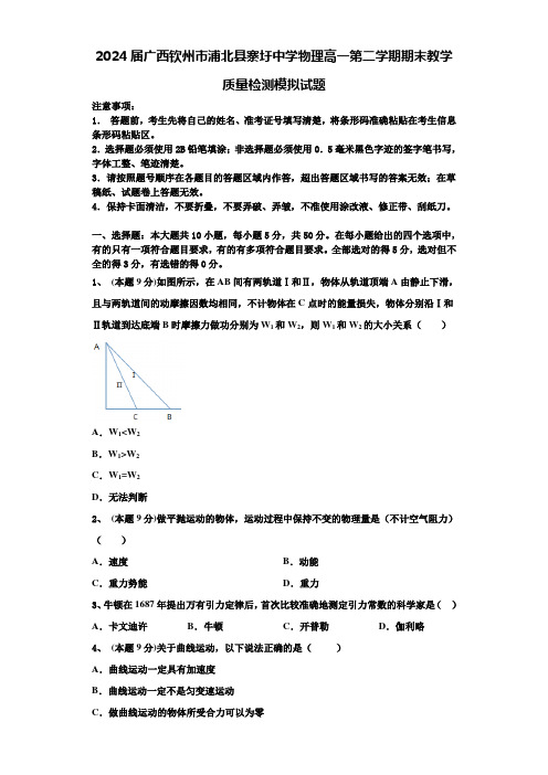 2024届广西钦州市浦北县寨圩中学物理高一第二学期期末教学质量检测模拟试题含解析