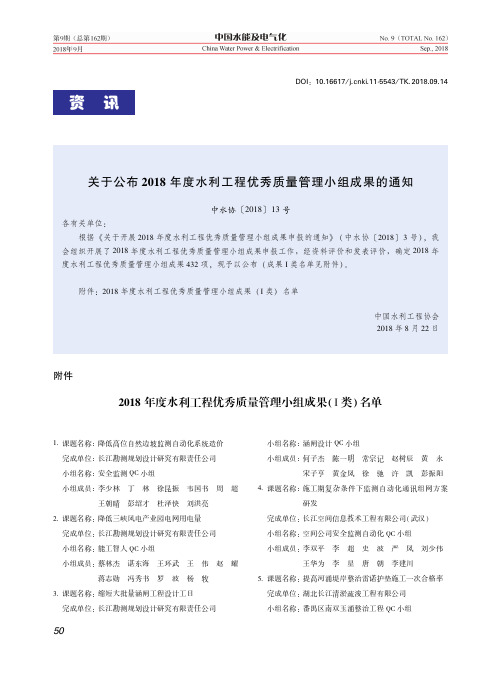 关于公布2018年度水利工程优秀质量管理小组成果的通知