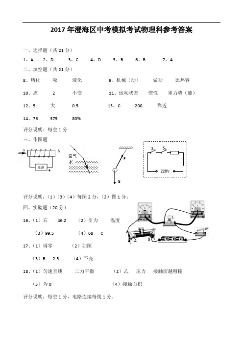 2017年澄海区中考模拟考试物理科参考答案