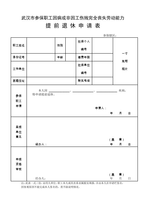 武汉市参保职工因病或非因工伤残完全丧失劳动能力提前退休申请表