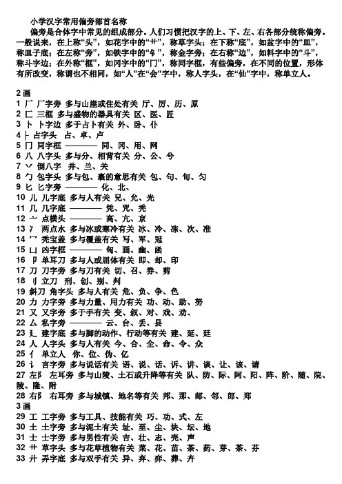 小学汉字常用偏旁部首名称