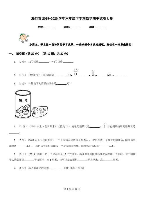 海口市2019-2020学年六年级下学期数学期中试卷A卷