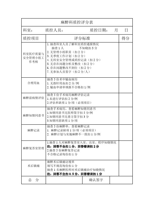 麻醉质量控制评分表