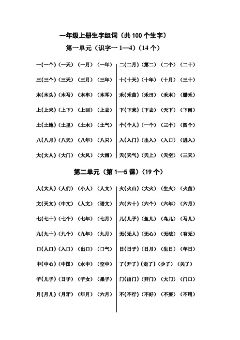 一年级上册100个生字的组词(识记版)