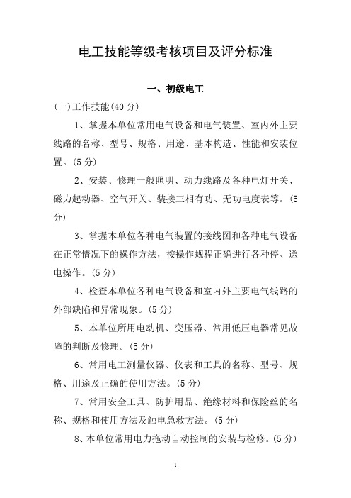 技能等级考核项目及评分标准(电工)