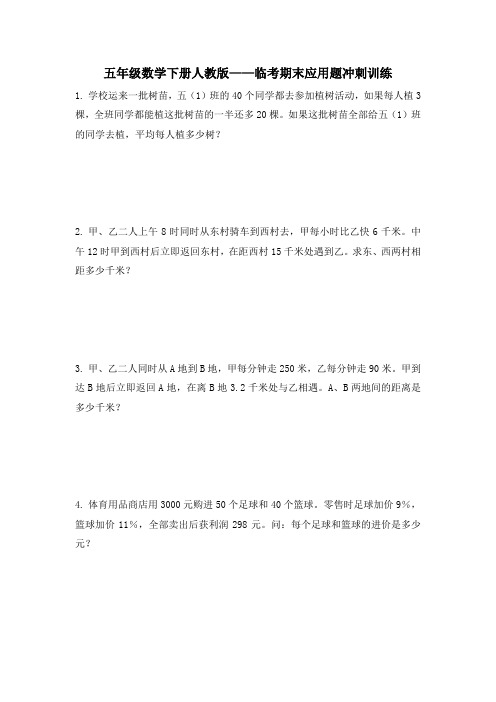 五年级数学下册人教版期末复习应用题专项训练