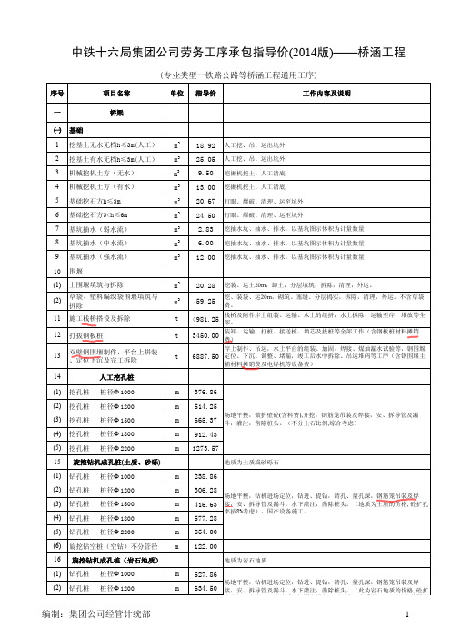 中铁十六局桥涵劳务单价指导价2015年