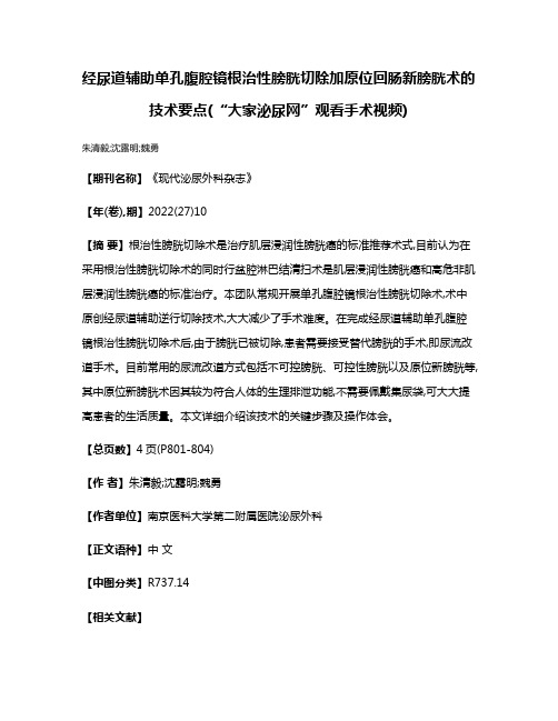 经尿道辅助单孔腹腔镜根治性膀胱切除加原位回肠新膀胱术的技术要点(“大家泌尿网”观看手术视频)