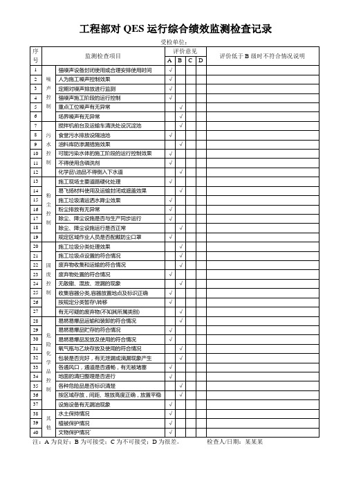 工程施工企业QES运行综合绩效监测检查记录