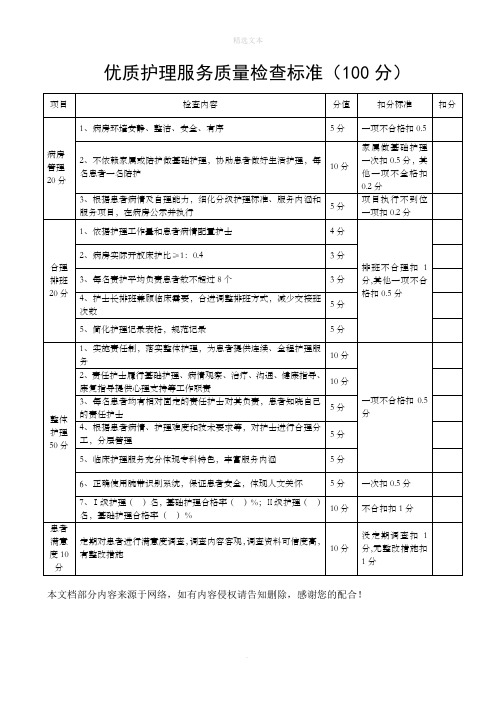 优质护理服务质量检查标准