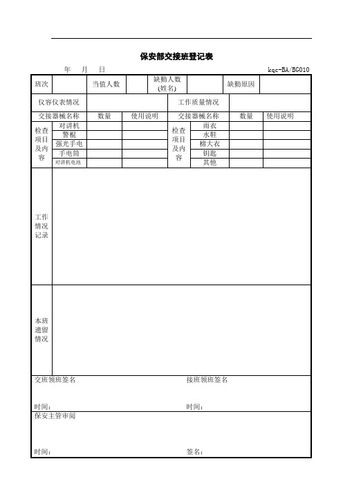 保安部交接班登记表