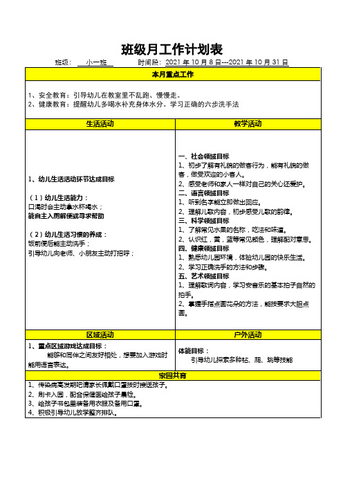 小班10月月工作计划