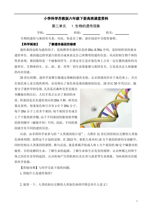 小学科学苏教版六年级下册高效课堂资料《生物的遗传现象》阅读 (1)