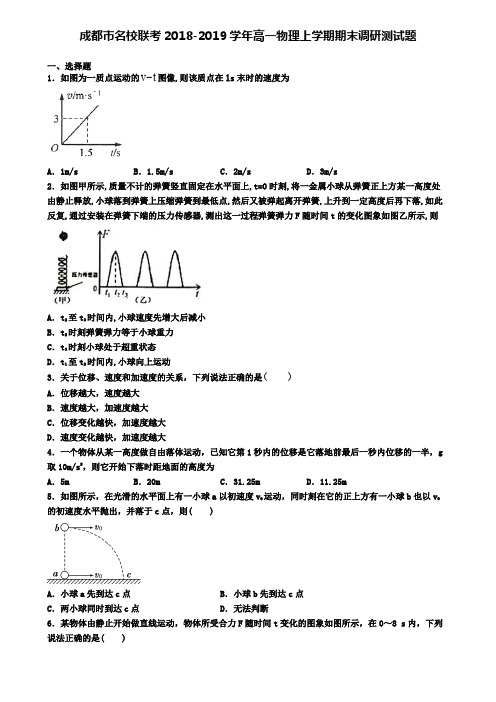 成都市名校联考2018-2019学年高一物理上学期期末调研测试题