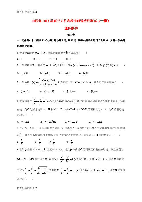 【配套K12】山西省2017届高考数学3月考前适应性测试(一模)试题 理